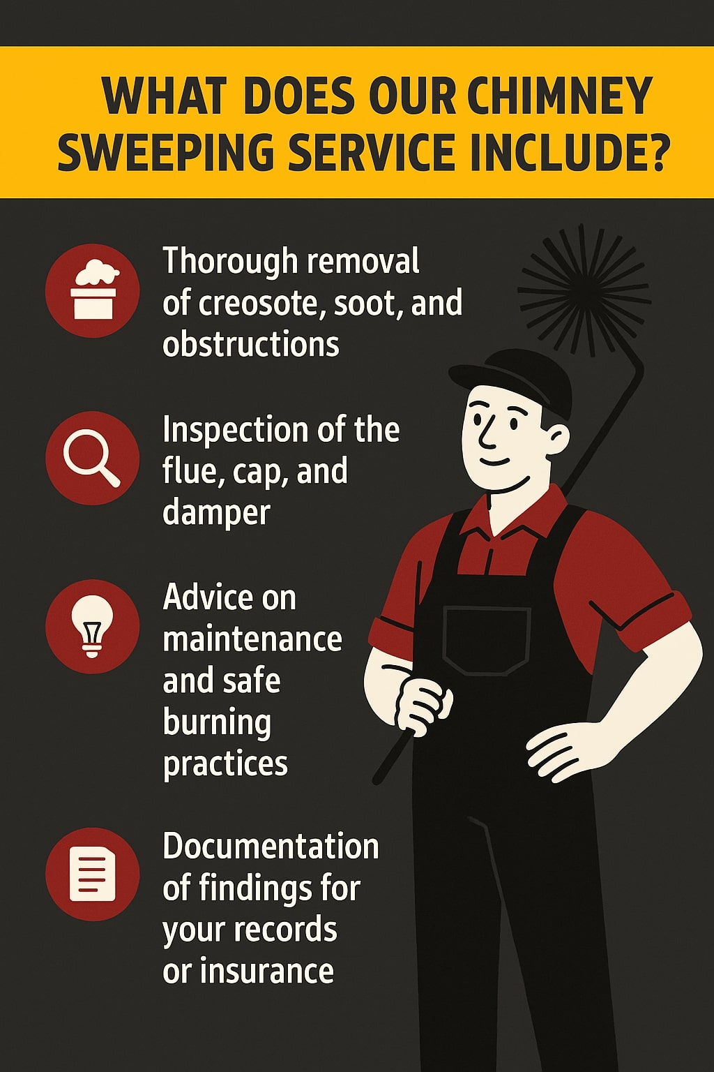 original infographic with a dark gray background and a yellow header that reads “WHAT DOES OUR CHIMNEY SWEEPING SERVICE INCLUDE?” in bold black text. Below the header, four red circular icons with white symbols are aligned vertically: a chimney for removal of creosote, soot, and obstructions; a magnifying glass for inspection of the flue, cap, and damper; a light bulb for advice on maintenance and safe burning practices; and a document for documentation of findings for records or insurance. To the right, an illustrated chimney sweep in a red shirt and black overalls holds a chimney brush and smiles confidently. The design uses contrasting white and red tones against the dark background for readability.