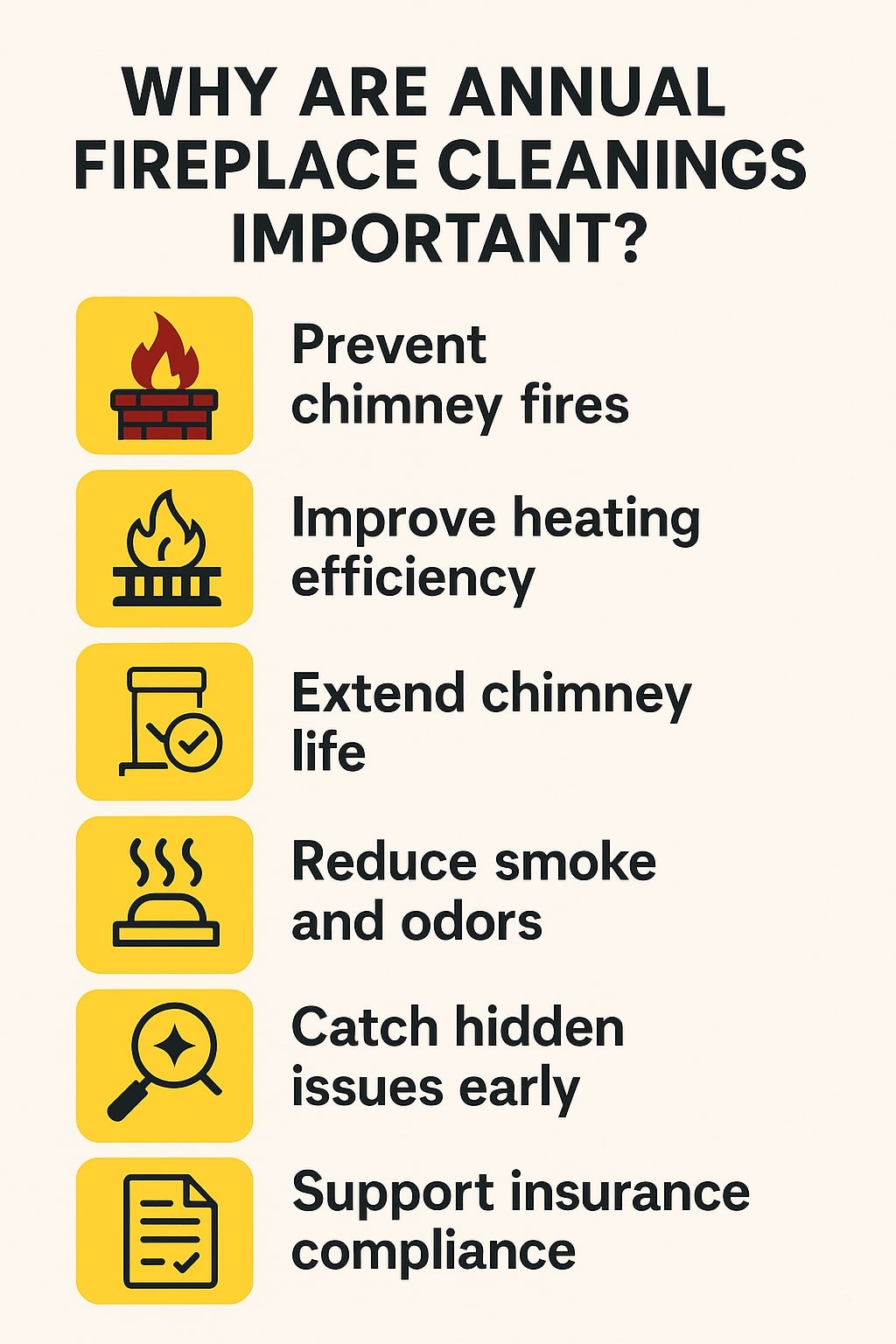 original infographic showing a clean, minimal beige background with bold black text at the top reading “WHY ARE ANNUAL FIREPLACE CLEANINGS IMPORTANT?” followed by six horizontal rows, each with a yellow rounded square icon on the left and black text on the right; the icons include a red-and-yellow flame burning inside a red brick fireplace for “Prevent chimney fires,” a simple black fireplace with a yellow flame for “Improve heating efficiency,” a chimney column with a checkmark symbol for “Extend chimney life,” a steaming surface for “Reduce smoke and odors,” a magnifying glass with a sparkle for “Catch hidden issues early,” and a document with checkmarks for “Support insurance compliance,” all arranged in a clean, evenly spaced vertical list.