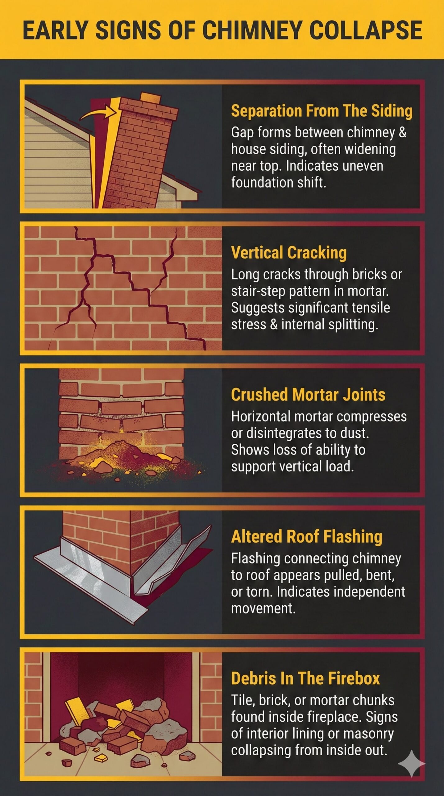 Original infographic titled "Early Signs of Chimney Collapse" featuring a dark charcoal background with bright yellow headers and deep red accents, arranged in a portrait layout with five distinct illustrative sections. The first section, "Separation From The Siding," shows a chimney leaning away from a house to illustrate gaps forming due to uneven foundation shifting. The second, "Vertical Cracking," depicts jagged lines running through bricks and mortar in a stair-step pattern to represent tensile stress. The third section, "Crushed Mortar Joints," visualizes horizontal mortar compressing and turning to dust under the chimney's weight. The fourth, "Altered Roof Flashing," highlights bent or torn metal at the roofline caused by independent movement of the structure. The final section, "Debris In The Firebox," displays broken chunks of tile and brick inside a fireplace to indicate the interior lining is collapsing from the inside out.